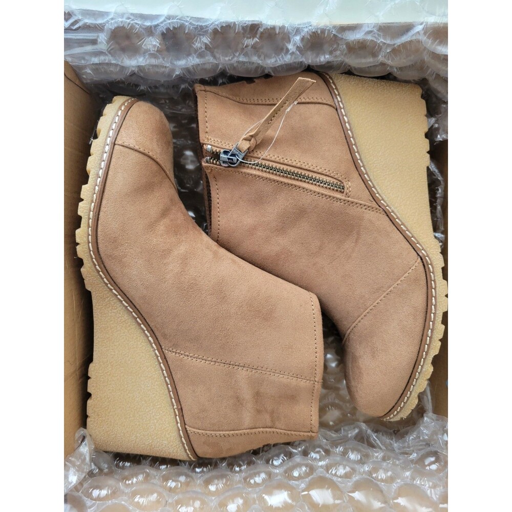 TOMS Avery Tan Toffee Brown Ankle Wedge Lug NIB Booties Zip Round Toe Womens 10